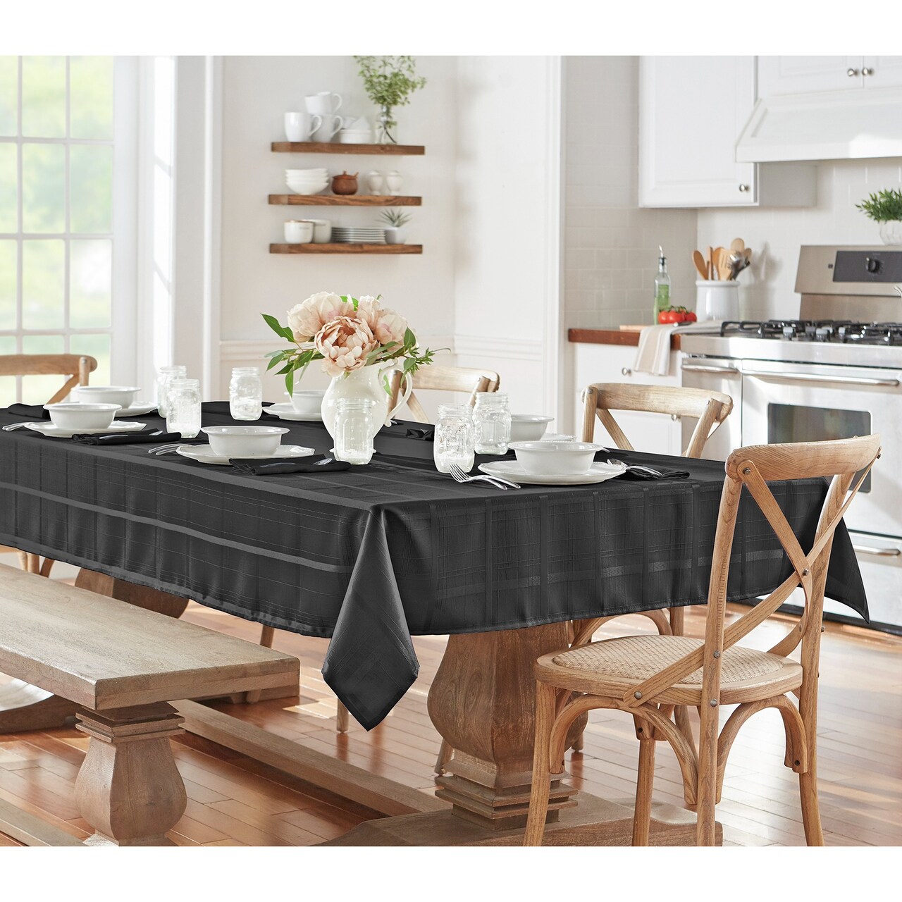 Threadmade Home Elegance Plaid Jacquard Tablecloth, Black - 60"W x 102"L